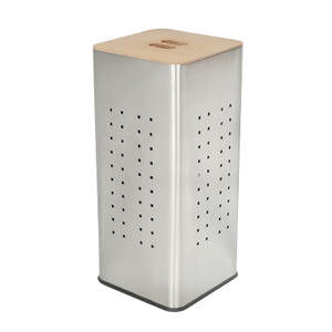 60L Square Shape Household Essentials Basket Metal Laundry Hamper - Breathable And Wood Lid - Iron