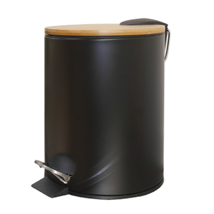 slim trash can bathroom with lid Pedal Bamboo Wooden Lid New Design Steel with Removable Inner Waste Bin